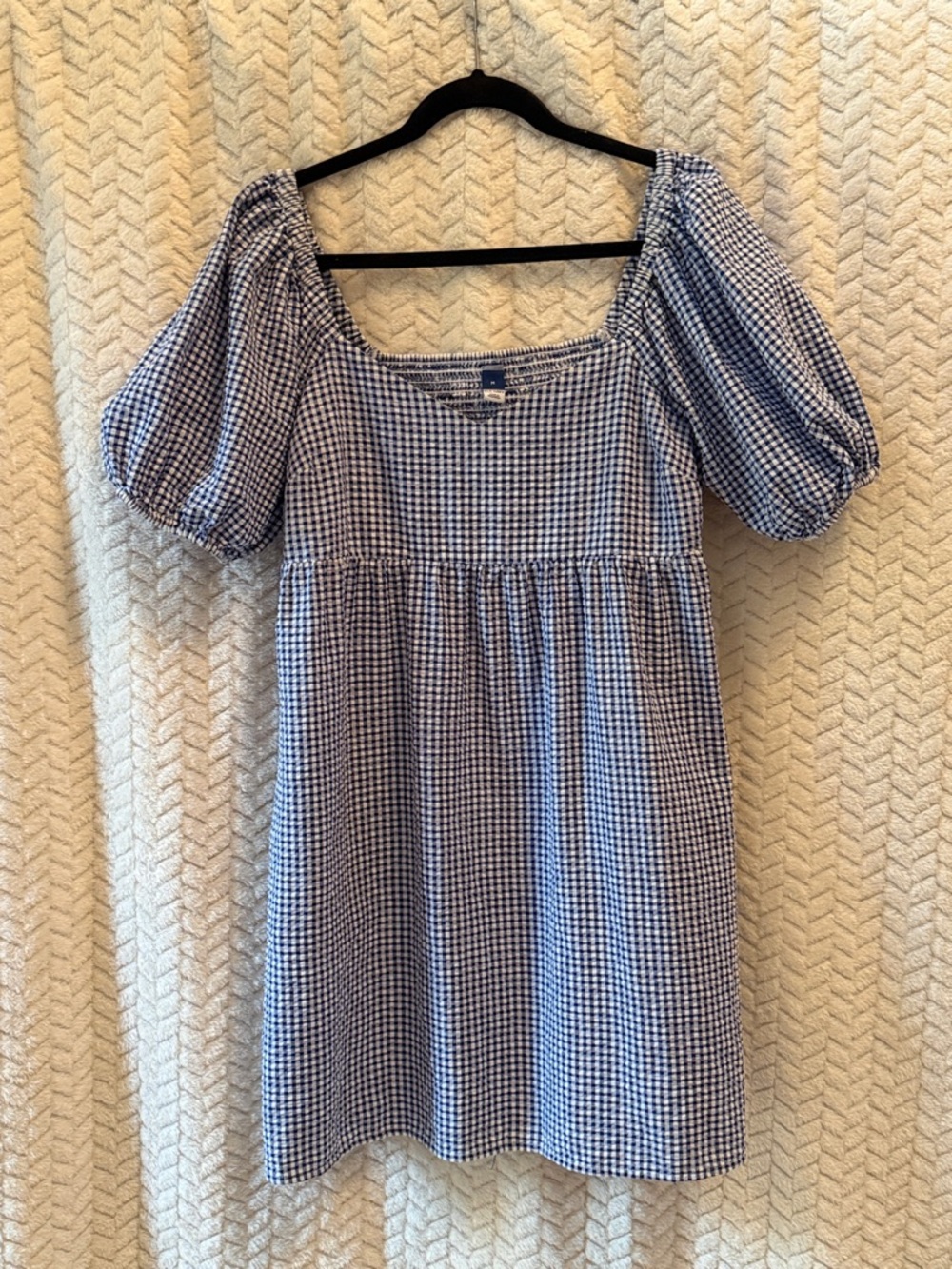 Old Navy Blue and White Gingham Puff-Sleeve Mini Dress